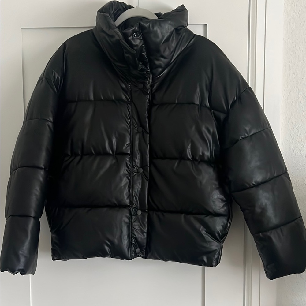 Express faux leather Puffer Jacket with High Collar